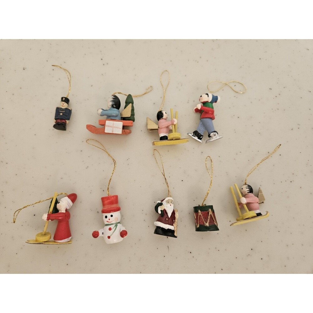 Set Of 9 Vintage Christmas Ornaments Painted Wood Vtg AS IS
